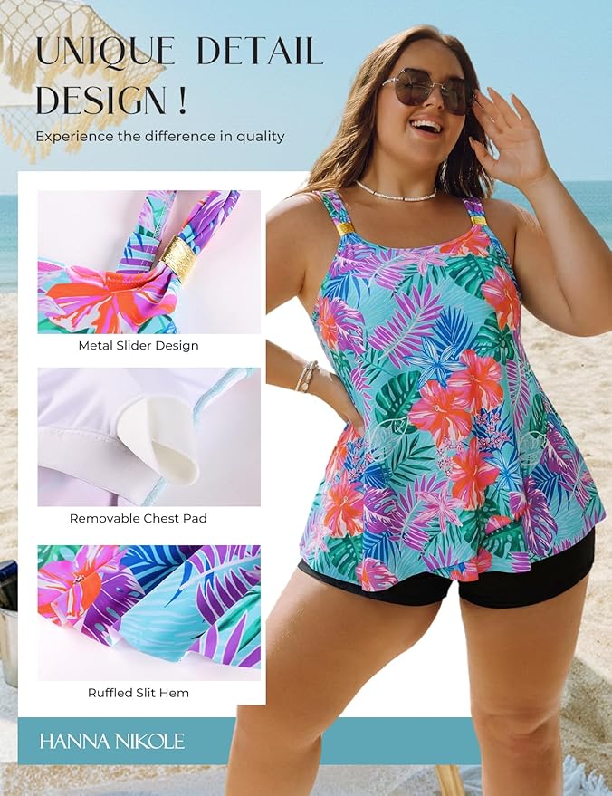 Hanna Nikole Womens Tankini Swimsuits 2 Piece Bathing Suit Flowy Ruffle Tankini Tops with Swim Shorts