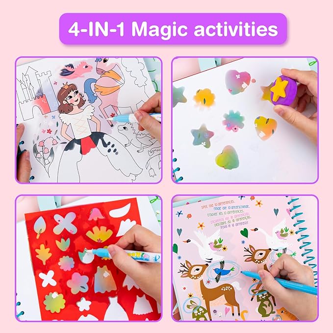 Water Coloring Books for Toddlers 3-5 Years,Mess-Free Painting Water-Reveal Coloring Book, Portable Magic Water Art Pad, Reusable Travel Toys for Road Trips Airplanes, Educational 4 in 1 Creative Set