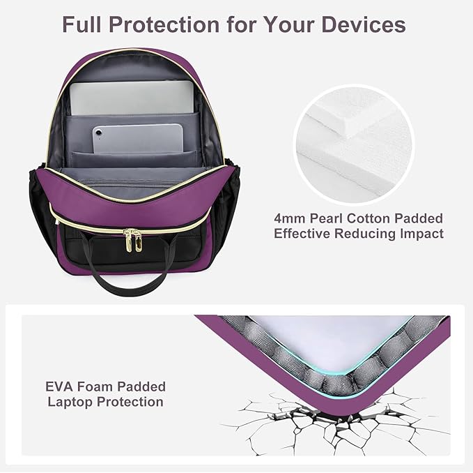 Women Laptop Backpack College Bookbag: 15.6 inch Backpacks with Pouch Pocket for Large Capacity Cup Travel Waterproof Book Bag Anti-theft Casual Work Bookbags for Teacher Nurse Black Purple
