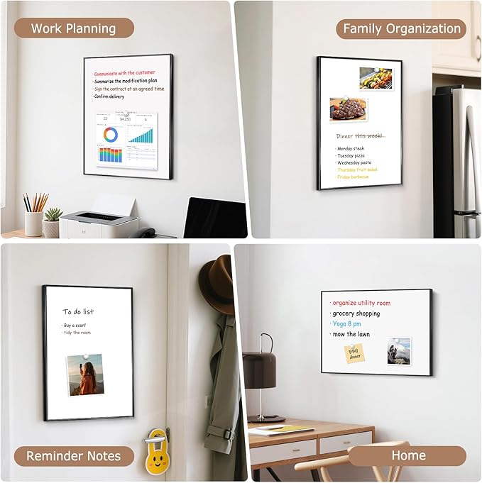 Small Whiteboard, 16'' x 12'' Magnetic White Board Dry Erase Board for Wall, Hanging Black Aluminum Frame Wipe Board for Home, Office, School