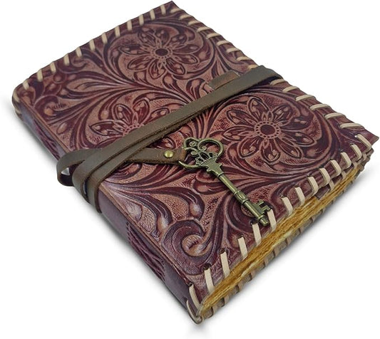 Vintage Leather Journal with Key Closure - Handmade Vintage Deckle Edge Paper - Leather Bound Journal for Women Men - Gift for Writers