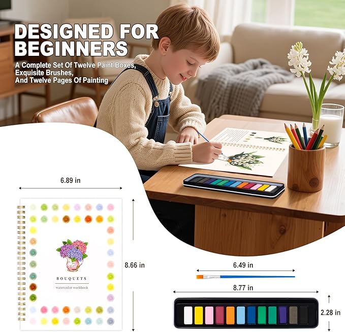 Metyond Watercolor Workbook - Watercolor Coloring Book with 1 Workbook 12 Colors Paint Set with Brush, Beginner Friendly Watercolor Workbooks Set Gift for Adults Teens (Bouquet)