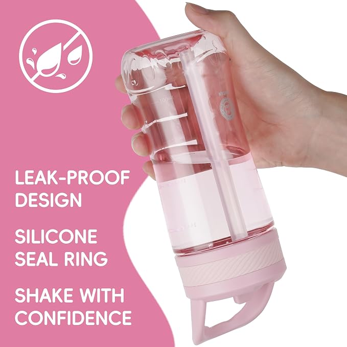 14oz Clear Kids Water Bottle with Straw Lid, BPA-Free Tritan, Measurement Scale, Sturdy Handle Wide Mouth Leak-proof Reusable Plastic Bottle for Boy& Girls, Back to School(Pink)