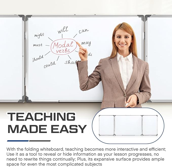 AmazingSpark 72" x 24" Foldable Whiteboard Dry Erase Board Large Tri Folding Whiteboard Magnetic Dry Erase Board, Wall Aluminium Frame and Flip Out Pen Tray for Office, Home