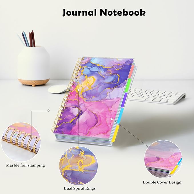 5 Subject Notebook College Ruled, A5 Spiral Notebook with Removable Pocket Dividers Tabs, Lined Organizer Notebook Journal for Women, 240 Pages Notebooks for Work School Note Taking, Pink Marble