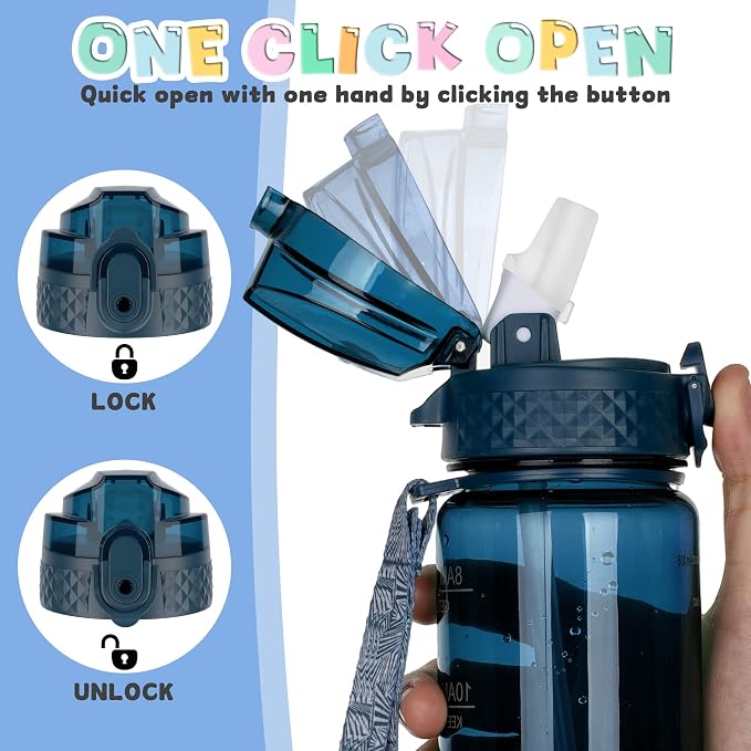 OLDLEY 17oz Kids Water Bottle, Tritan BPA-Free, Leakproof Flip Straw Lid, Motivational Time Marker, Carry Strap, Reusable Clear Water Bottle for Boys & Girls,Slate Blue