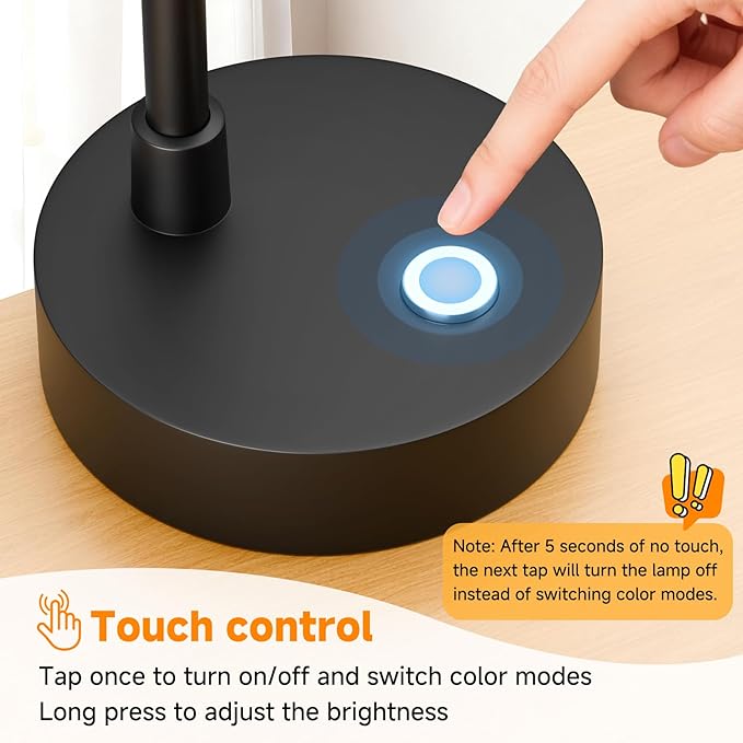 ShineTech LED Desk Lamp for Home Office, Dimmable Table Lamp with 3 Color Modes & Adjustable Brightness, USB-C Port, Touch Control, Eye-Caring Reading Lamp for Bedside, Study, Work