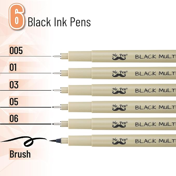 Mr. Pen- Drawing Pens for Artists, 6 Sizes, Black Multiliner, Artist pens, Micro Pens for Drawing