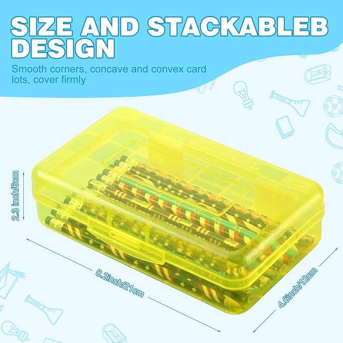 Leelosp 12 Pack Clear Pencil Boxes for School Bulk, Large Plastic Pencil Case with Lid, Stackable Hard Crayon Storage Box for Classroom Kids, Desk Drawer Organizer for Office Home(Pink Yellow Blue)