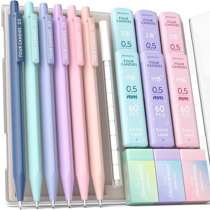 Four Candies Cute Mechanical Pencil Set, 0.5mm Fine Point, 6-Count Pack | 360 HB/2B Leads, 3 Erasers, 9 Eraser Refills, Storage Case, Pastel Barrels, Triangular Grip, for School Note Taking, Exams