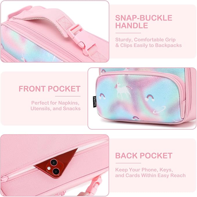 FlowFly Kids Lunch box Insulated Soft Bag Mini Cooler Back to School Thermal Meal Tote Kit for Girls, Boys,Glitter-Unicorn