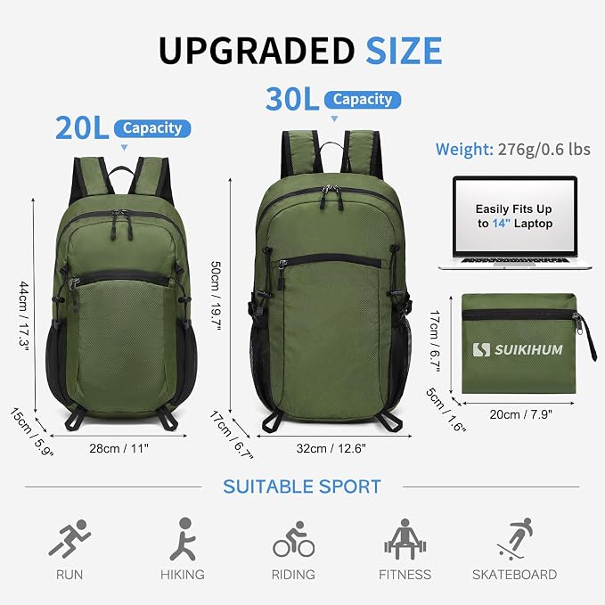 30L Large Hiking Daypack, Foldable Outdoor Backpack, Dark Green | Packable Daypacks for Men Women, Lightweight Water-Repellent Collapsible Daypack for Commuting Outdoor Sports Camping