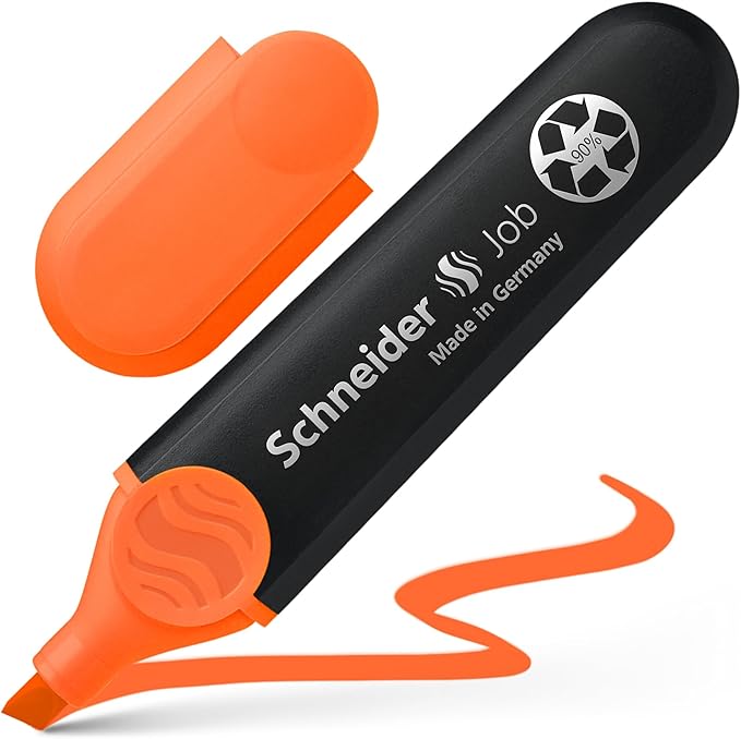 Schneider Job Highlighter, Chisel Tip, 1 + 5 mm, Black Barrel, Orange Ink, Box of 10 Highlighters (1506)