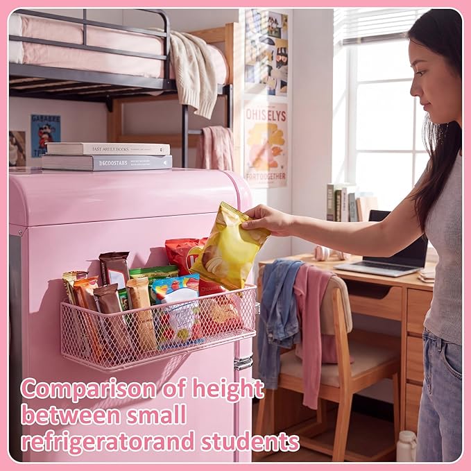 FoldTier 1 Pack Pink Magnetic Basket Fridge Organizer, Magnetic Shelf Containers Storage Bin Holder for Kitchen Dorm Locker Refrigerator Classroom Whiteboard Office Table (13.8 x 3.1 x 4.9 Inch)