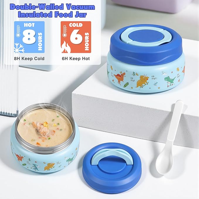 Bento Lunch Box for Kids with 7oz Soup Thermo,Insulated Stainless Steel Kids Water Bottle with Straw and Insulated Lunch Bag,Leak-Proof Lunch Food Container with Ice Pack for School (Blue-Dinosaur)