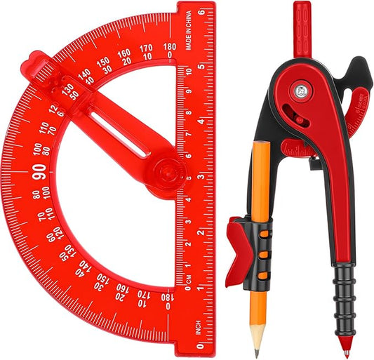 Zonon 2 Pcs Student Protractor and Compass, Student Geometry Math Set Drawing Compass and 180 Degree 6 Inch Protractor with Swing Arm for Drawing Measuring School Office (Red)