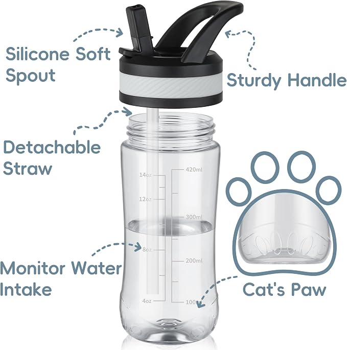 14oz Clear Kids Water Bottle with Straw Lid, BPA-Free Tritan, Measurement Scale, Sturdy Handle Wide Mouth Leak-proof Reusable Plastic Bottle for Boy& Girls, Back to School（Clear）
