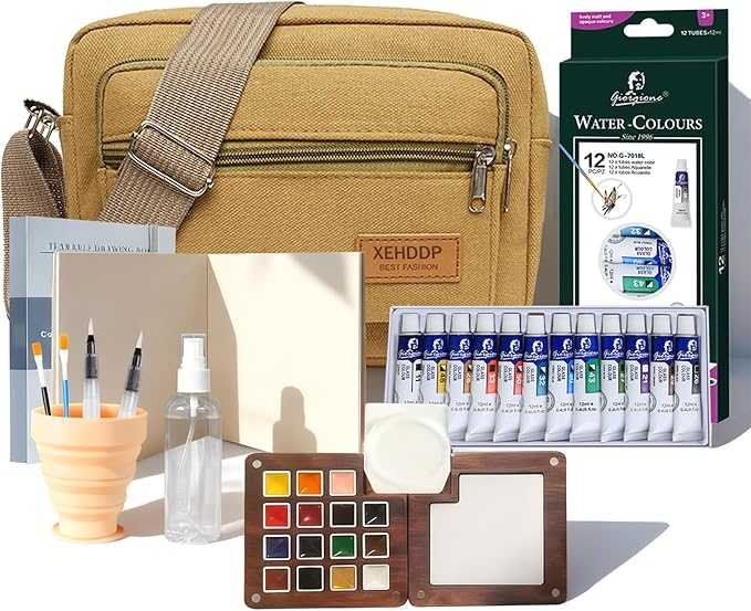 Mini Watercolor Travel Set,Portable Watercolor Kit,15 Grids Portable Wooden Paint Palette with Bag,12 Paint, 4 Brush, Cleaner Cup,2 Sketchbooks Magnetic Clip,Watercolor for Painters,Beginners,Artists
