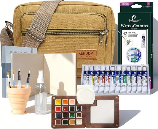 Mini Watercolor Travel Set,Portable Watercolor Kit,15 Grids Portable Wooden Paint Palette with Bag,12 Paint, 4 Brush, Cleaner Cup,2 Sketchbooks Magnetic Clip,Watercolor for Painters,Beginners,Artists