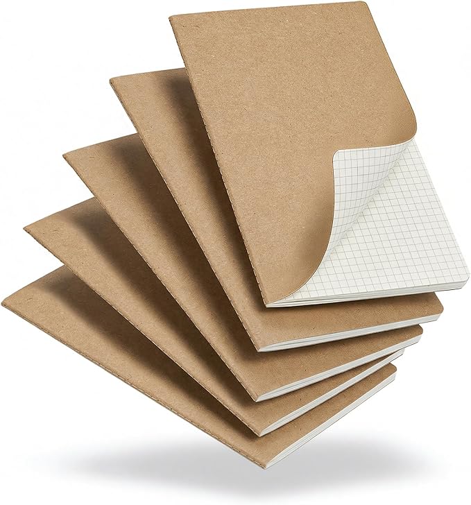 5 Pack Kraft Notebooks Bulk A5, 60 Pages Grid Graph Paper Journals, 8.3x5.5 Inches, Natural Kraft Cover Composition Notebooks for School Office Students Artists