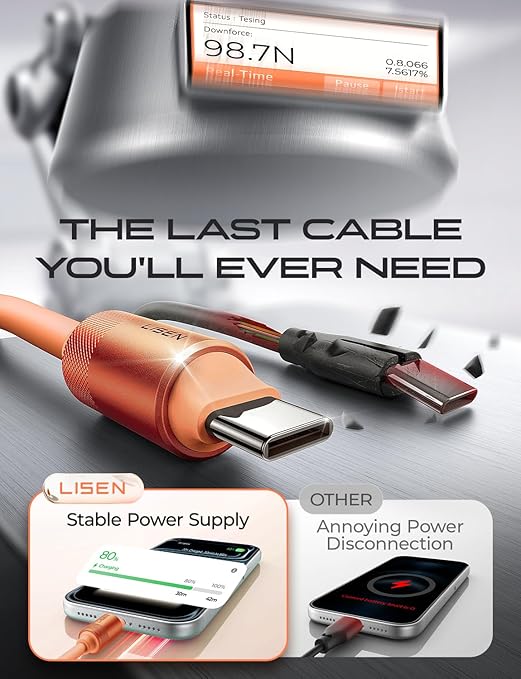 LISEN 10FT USB C Cable Fast Charging, Chubby 240W Cable USB C to USB C Fast Charging Soft Silicone USBC to USBC Parallel Cable for iPhone 17 Pro Max 16 15 Samsung S25 Ultra MacBook Pro Air iPad Orange