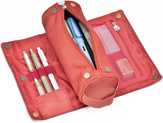 Lanxivi Large Capacity Pencil Case Roll Up Design Multifunctional Pencil Holder Pouch Stationery Pen Bag for Teen Girls and Boys Camping style - Orange Red