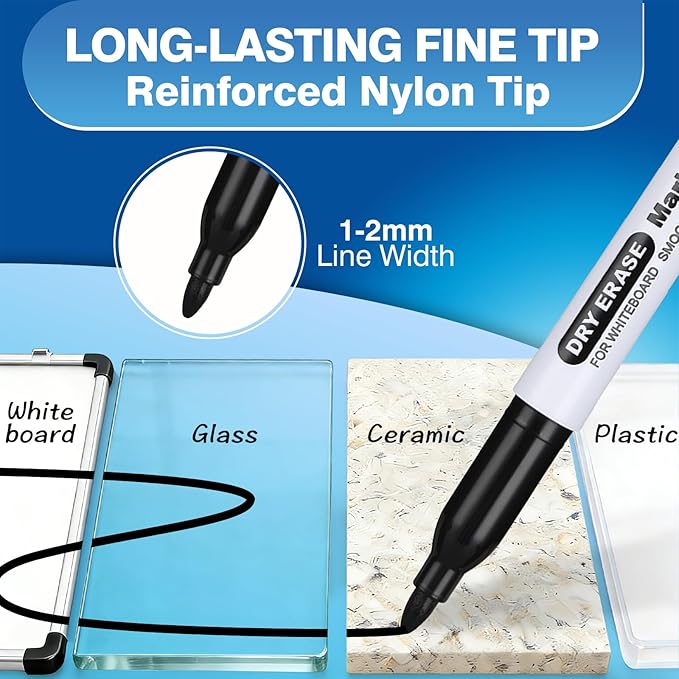 SFAIH Fine Tip Dry Erase Markers - 12 Pack Black Whiteboard Erasable Markers Bulk, Professional Starter Set for Office & Home Office. The Ideal Size for 1-2 Desks or a Small Team, Non-Toxic Easy Clean