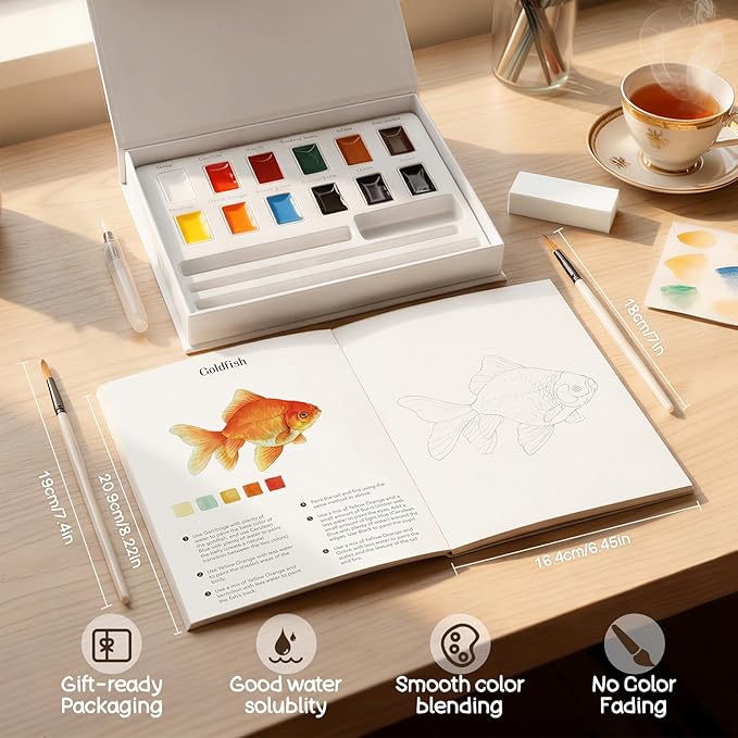 Aizweb Watercolor Workbook-Water Colors Paint Adult Set with 12 Original Animal Patterns,12 Paint Colors&Refillable Water Brush,Coloring Books for Beginners Arts&Crafts Birthday Gifts