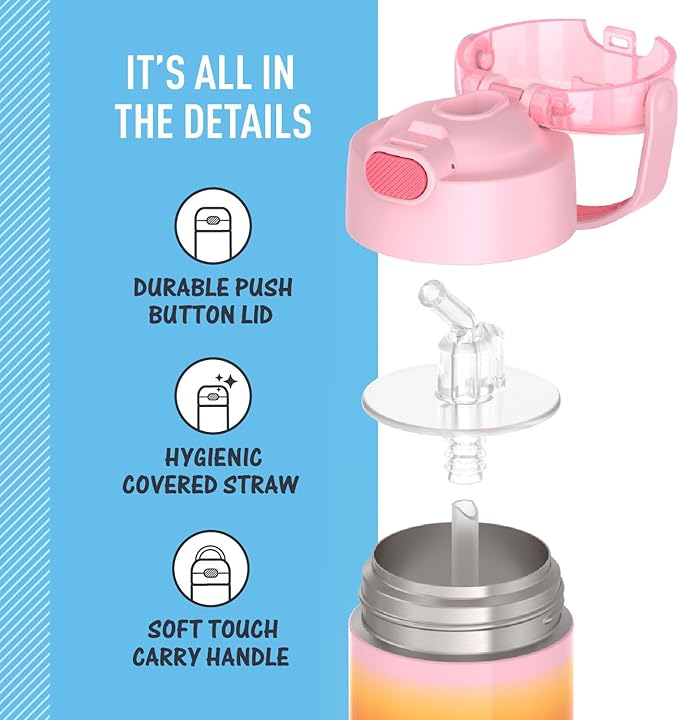 THERMOS FUNTAINER Water Bottle with Straw - 12 Ounce - Kids Stainless Steel Vacuum Insulated Water Bottle with Lid, Pink Ombre