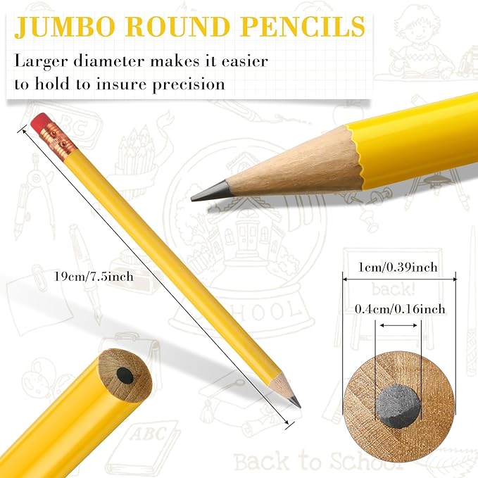 Fainne 96 Pcs Jumbo Pencil with Black Core Cedar Wooden Pencil with Eraser for Carpenters Students Teachers School Construction Woodworkers Beginners Office Workers(Yellow,Classic)