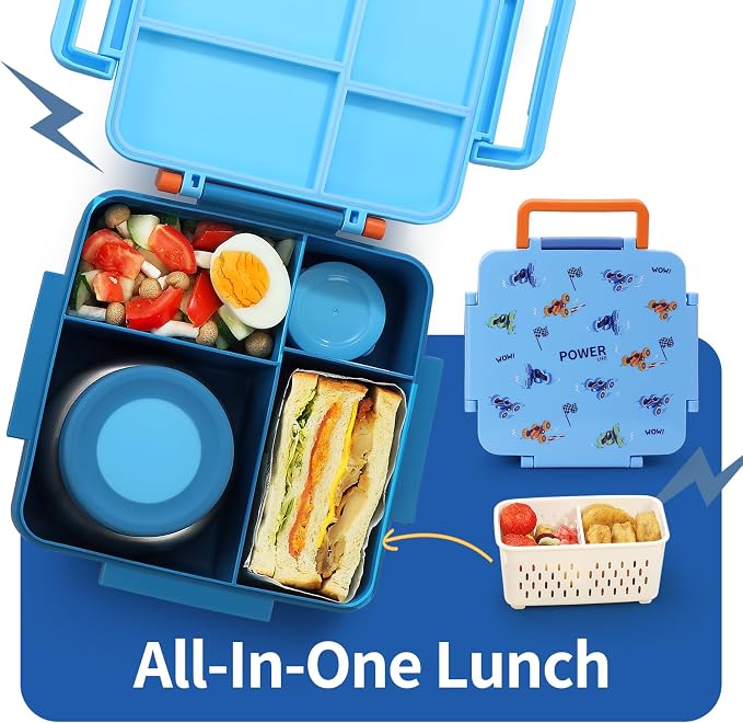 Bento Box for Kids with Thermos, [Large Capacity] Insulated Kids Lunch Box with 4 Compartment for Ages 3+, Drop-Proof & Dishwasher Safe Lunchbox Container Blue
