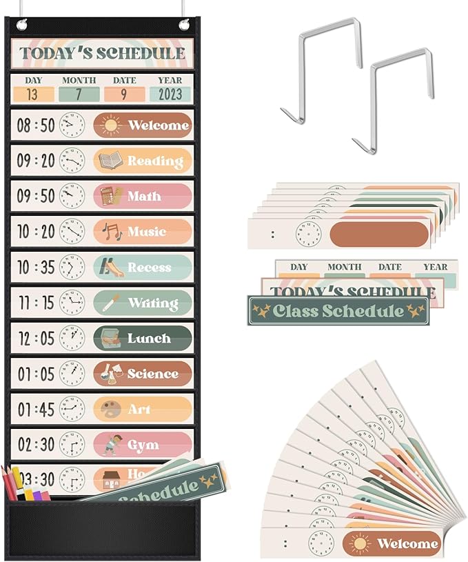 Boho Theme Daily Schedule Pocket Chart Set Decorate Your Classroom or Home for pre-Kindergarten to Grade 6, Black