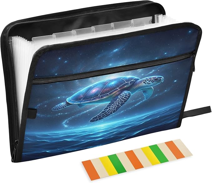 Sea Turtle Starry Sky 13 Pocket File Organizer Expanding File Folder with Front Pouch Portable Business File Storage Document Organizer Folder with Zipper