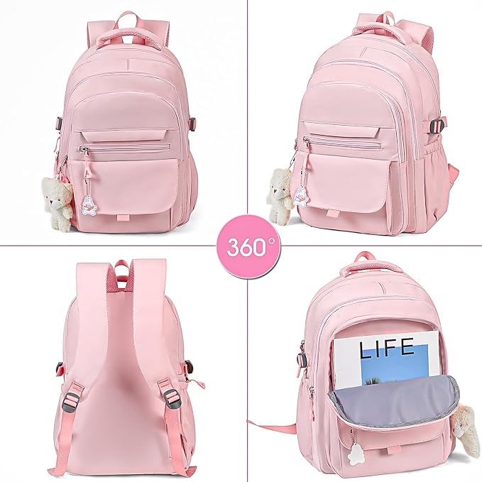 PRLINJSK Girls Backpack for College High Middle School Student, Cute Aesthetic Bookbag for Teens Women with Accessories,Pink