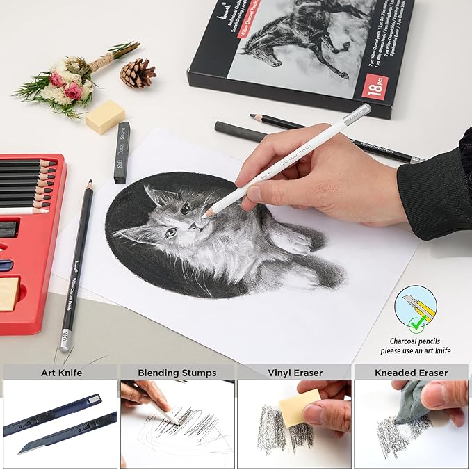 Brusarth Charcoal Pencils for Drawing, 18 Pcs Art Pencil Kit, Professional Sketching Pencil, Art Supplies for Drawing, Shading, Sketching, Blending, Artist Pencils for Beginners & Artists