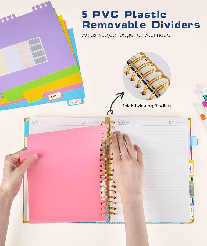 Spiral Notebooks 8.5"x11" for Work with Removable Dividers Tabs,300 Pages 5 Subject Notebook College Ruled,100GMS Notebook journal for School Note taking,Lined Journal for Women,A4 Colorful Feather