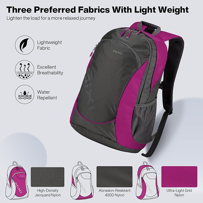mixi 45L Ultra Lightweight Waterproof Travel Backpack, 21 inch Casual Daypack for Men Women, Durable Spacious Bag for Travel, Sports, Camping, Hiking & College, Rose Red