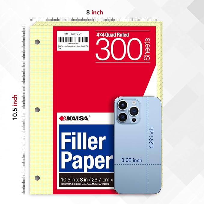 KAISA Loose Leaf Notebook Paper, 4x4 Quad Graph Ruled, 300 Sheets Per Lined Paper, 8" x 10.5", 3 Hole Punched for 3 Ring Binder, Canary, Made In USA