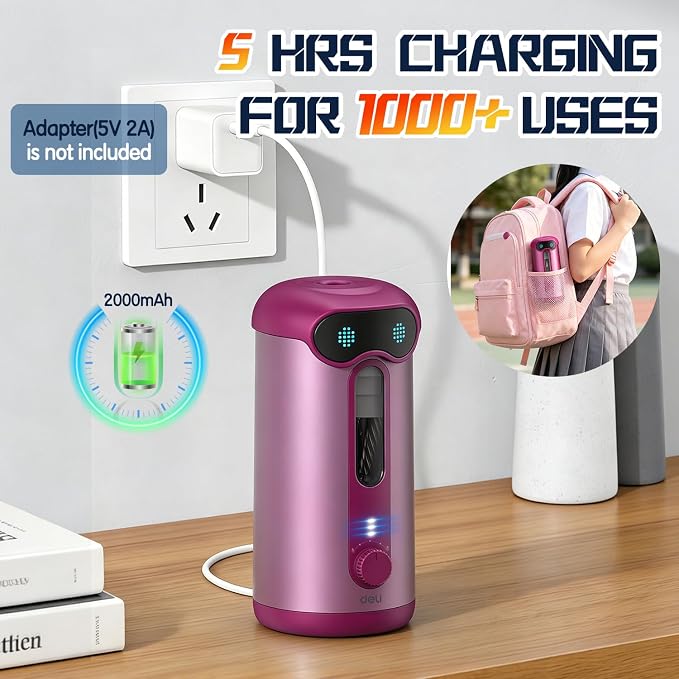 deli Electric Pencil Sharpener, Fully Automatic Pencil Sharpener, Deep Pink