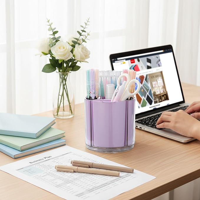Comix 360° Rotating Pen Holder for Desk, Cute Pencil Holder Pen Organizer, Purple Acrylic Pencil Cup Caddy with 5 Slots for Home School Office Supplies