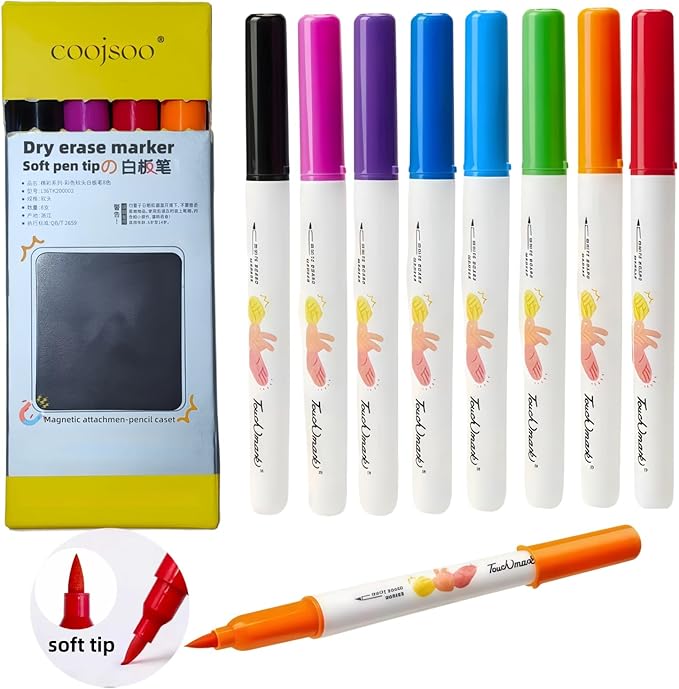 Soft Tip Art Dry Erase Markers Washable Colorful Whiteboard Pens with Magnetic Storage Box, Low Odor Non-Toxic Easy Erase Markers for Doodling, Painting & Calligraphy