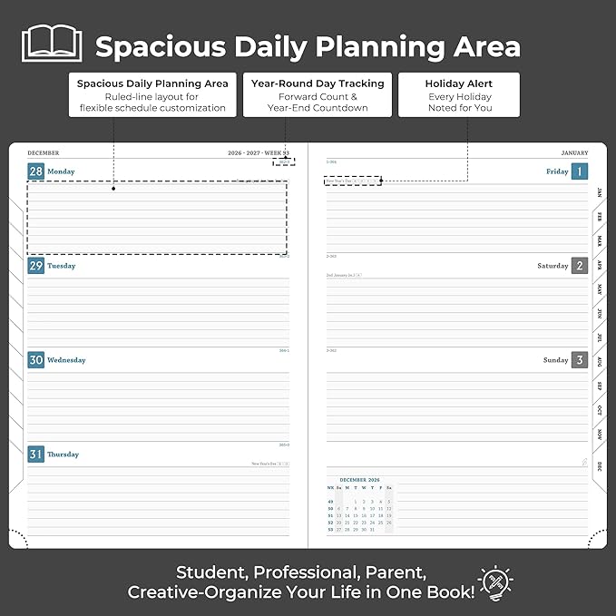 Planner 2026-2027 Daily Weekly and Monthly,11.5"x8.5",18 Months Spiral Bound Calendar Agenda with Self-adhesive Pen Holder,2026 Academic Plan with Vegan Leather Soft Cover,Black