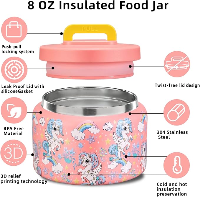 JXXM 8 Oz Thermo Food Jar for Hot & Cold Food for Kids, Insulated Lunch Containers Hot Food Jar,Leak-Proof Vacuum Stainless Steel Wide Mouth Lunch Soup Thermo for School (PINK-Unicorn)