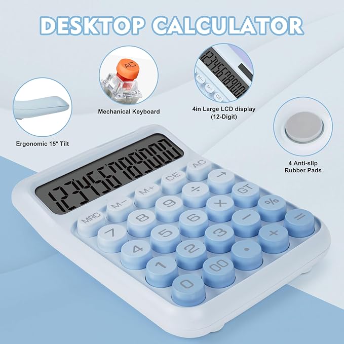 Mechanical Switch Calculator with Big Buttons, Calculators Desktop, 12 Digits, Solar Battery Power, Desk Calculator, Large LCD Display, Cute Blue Calculators for Teachers Students Basic Office