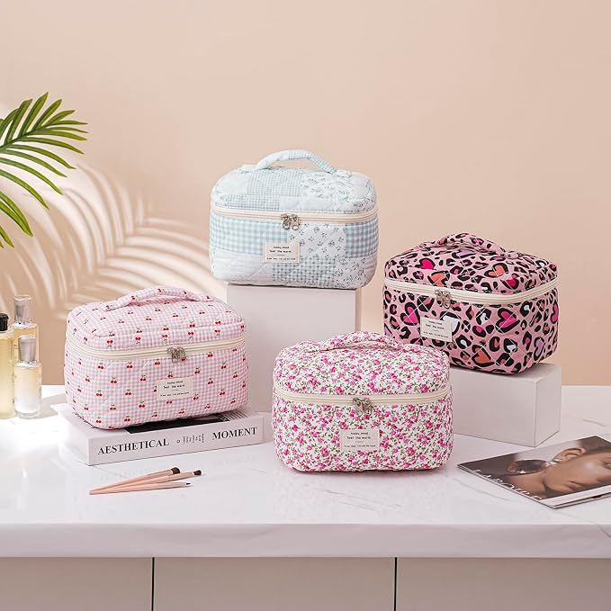 uekeboag Large Travel Quilted Makeup Bag for Women | Soft Floral Cotton Cosmetic Bag, Foldable Coquette Aesthetic Toiletry Organizer