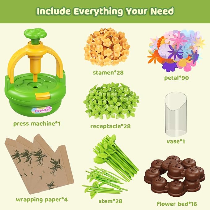 Flower Bouquet Making Kit for Kids Ages 4-8—DIY Arts and Crafts Toy, Build Your Own Flower Arrangement, Flower Press Craft Kit, Handmade Bouquet Birthday Gift for 3 4 5 6 7 8 9 Year Old Girls-[Green]