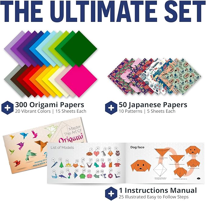 Origami Paper | 350 Origami Paper Kit | Set Includes - 300 Sheets 20 Colors 6x6 | 50 Traditional Japanese Patterns | Origami Book 25 Easy Colored Projects | Kids Crafts | Christmas Gifts for boys 8-12