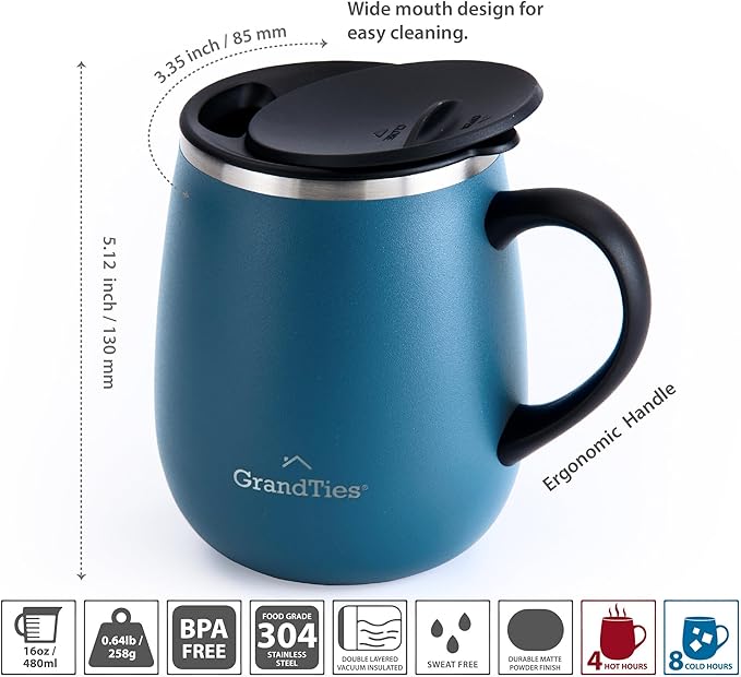 GRANDTIES Insulated Coffee Mug with Handle - Sliding Lid for Splash-Proof 16oz Wine-Glass Shape Thermal Tumbler with Double Walled Vacuum Stainless Steel to Keeps Beverages Hot or Cold-Cobalt Blue