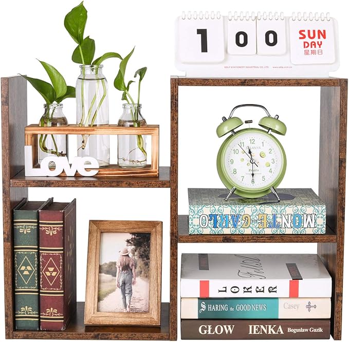 PAG Desktop Shelf Freestanding Wooden Small Bookshelf Desk Supplies Organizers and Accessories Storage Display Rack Office Dorm Decor for Women, Antique Brown