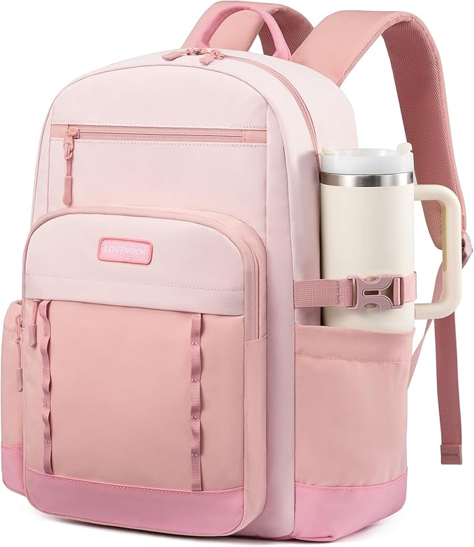 LOVEVOOK Laptop Backpack for Women with Large Cup Holder,18 Inch DIY Design Travel Work Backpack Computer Laptop Bag,Waterproof Nurse Teacher College Commuter Backpack Purse,Gift for Women Men,Pink